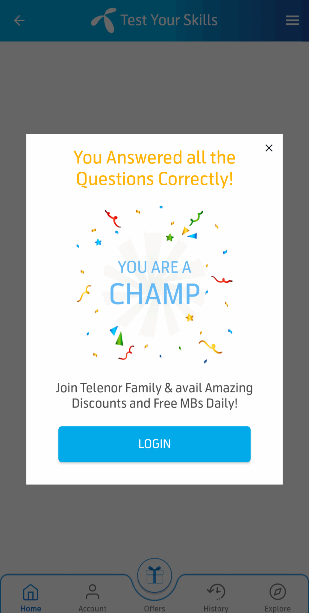 Telenor app showing You are a champ after completing a quiz