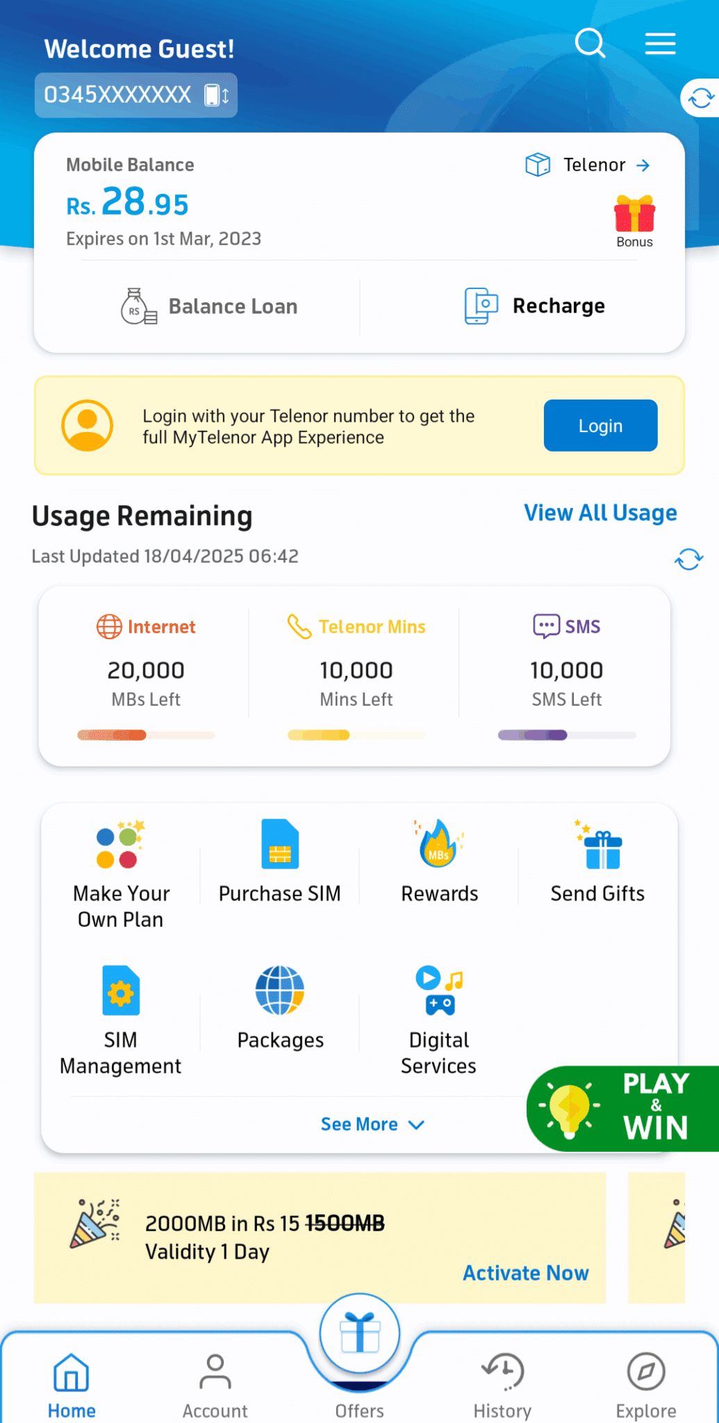 Test and skill section of my Telenor app