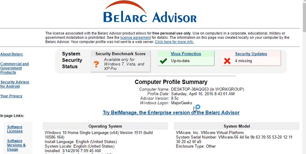 Belarc Advisor is displaying product key