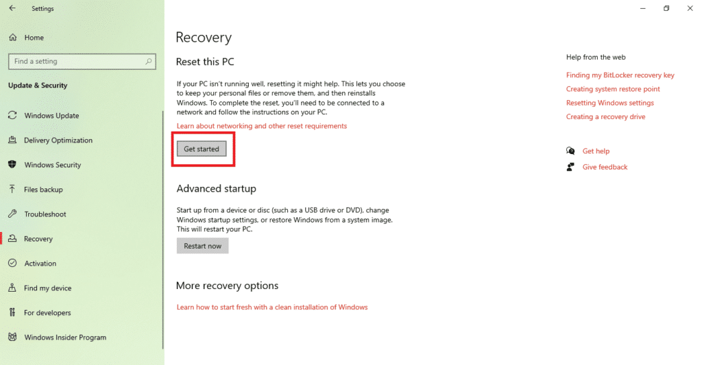 get started button in recovery settings