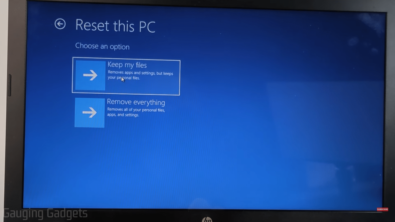 choose option to keep files or remove everything