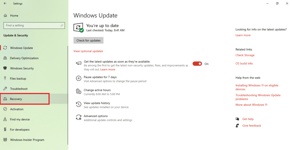 recovery option in settings