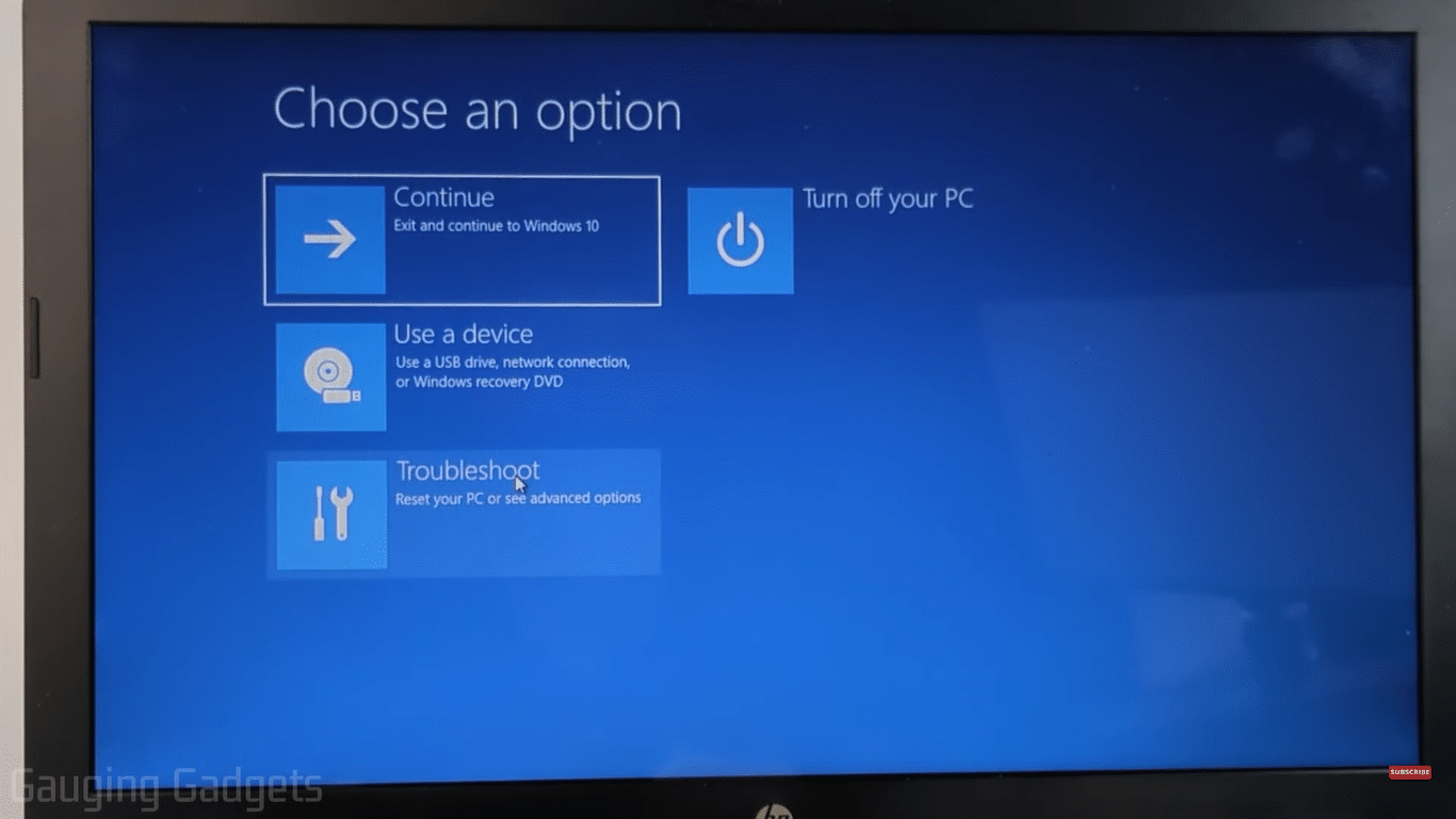 troubleshoot option in recovery mode