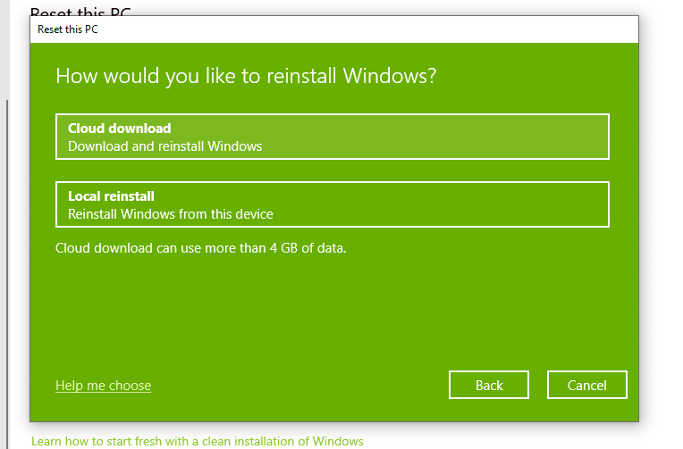 select option for cloud download or local reinstall