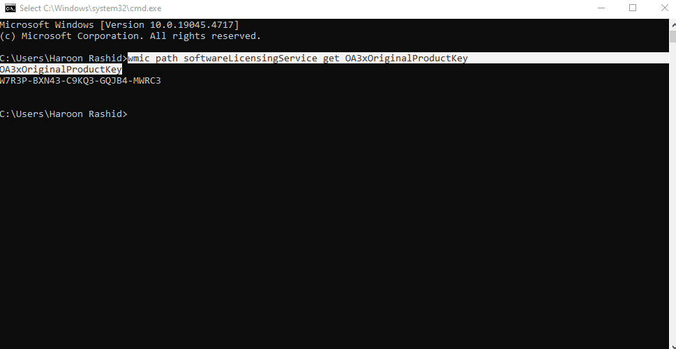 cmd is showing product key