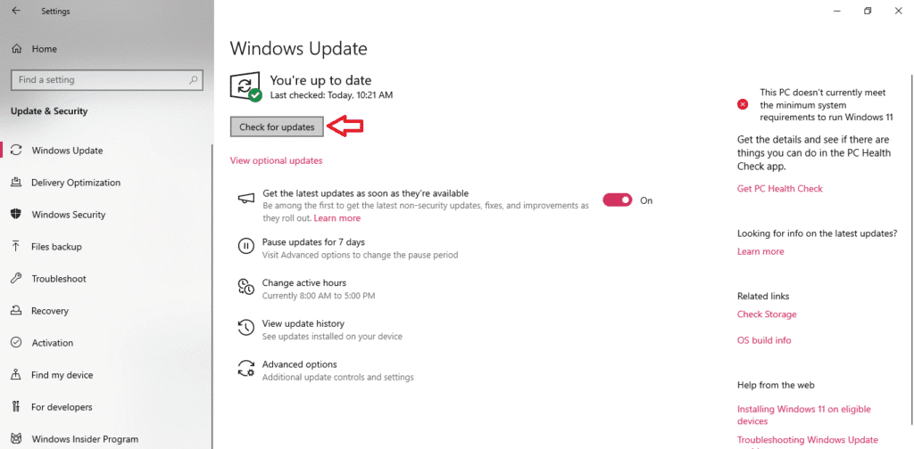 check for updates button in Windows