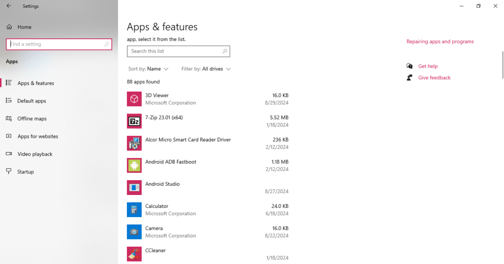 image showing installed apps in Windows