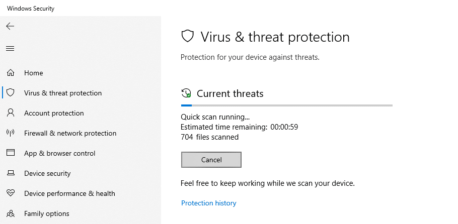 running quick scan in Windows defender