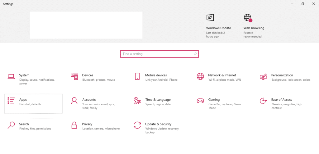 dashboard of settings app in windows