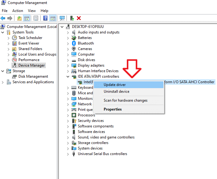 update driver option in device manager