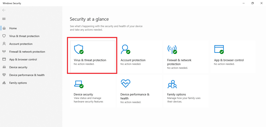 virus and threat protection in Windows Defender