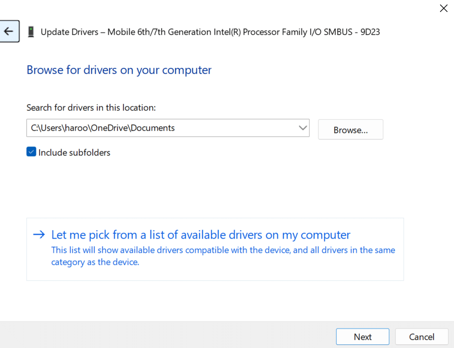 selecting browse the drivers from my computer