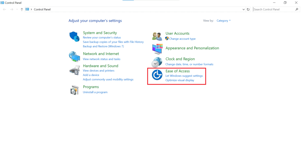 ease of access settings in control panel