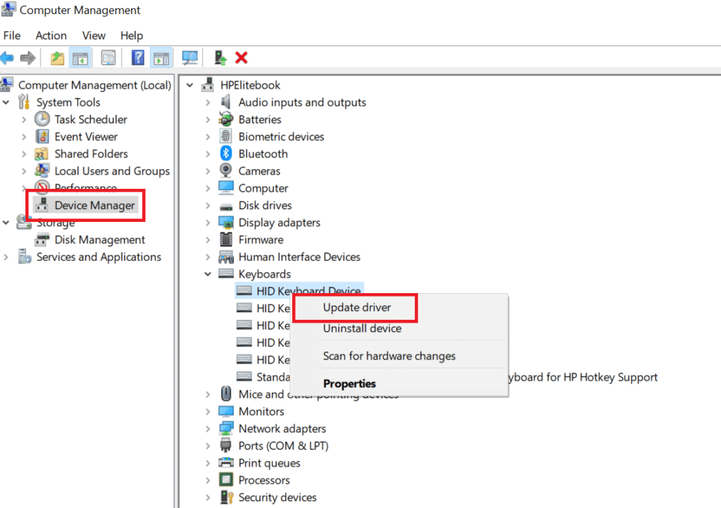 keyboard driver in Windows device manager settings