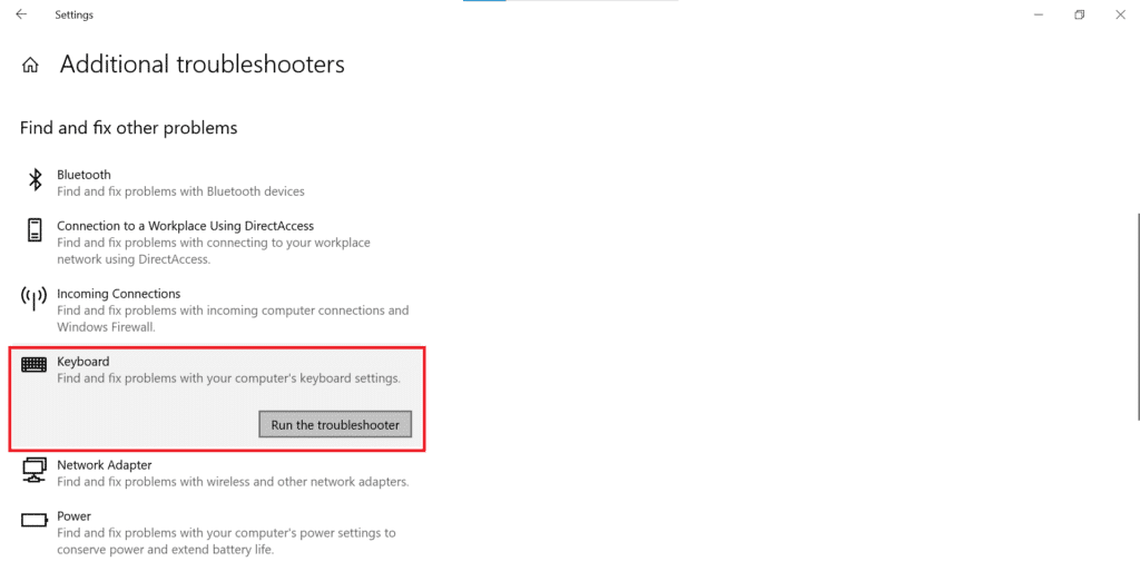 A Windows feature showing Keyboard troubleshooter
