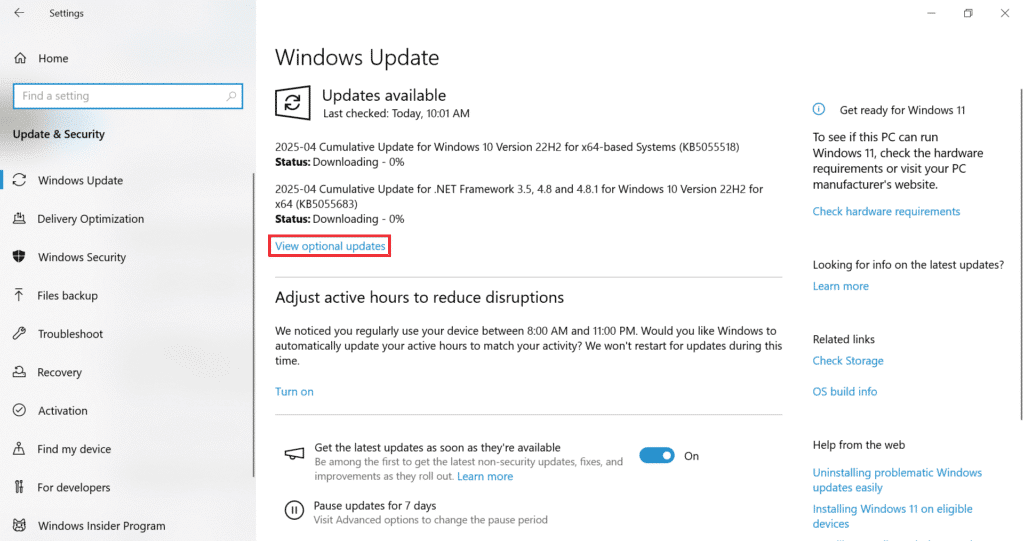 image showing additional updates settings