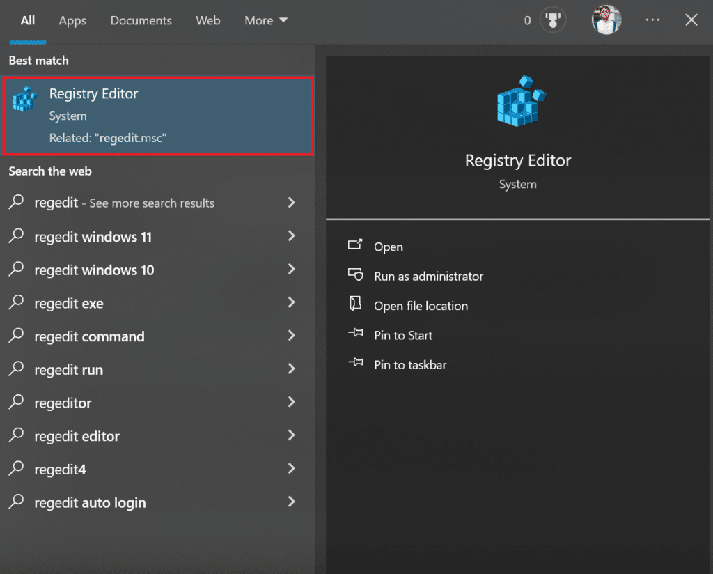 opening registry editor in Windows