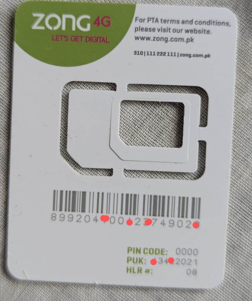 Card from which Zong SIM is bound