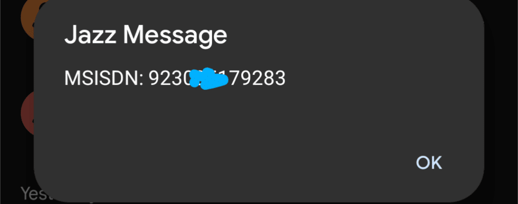 screenshot of dialpad showing Jazz number after dialling USSD code