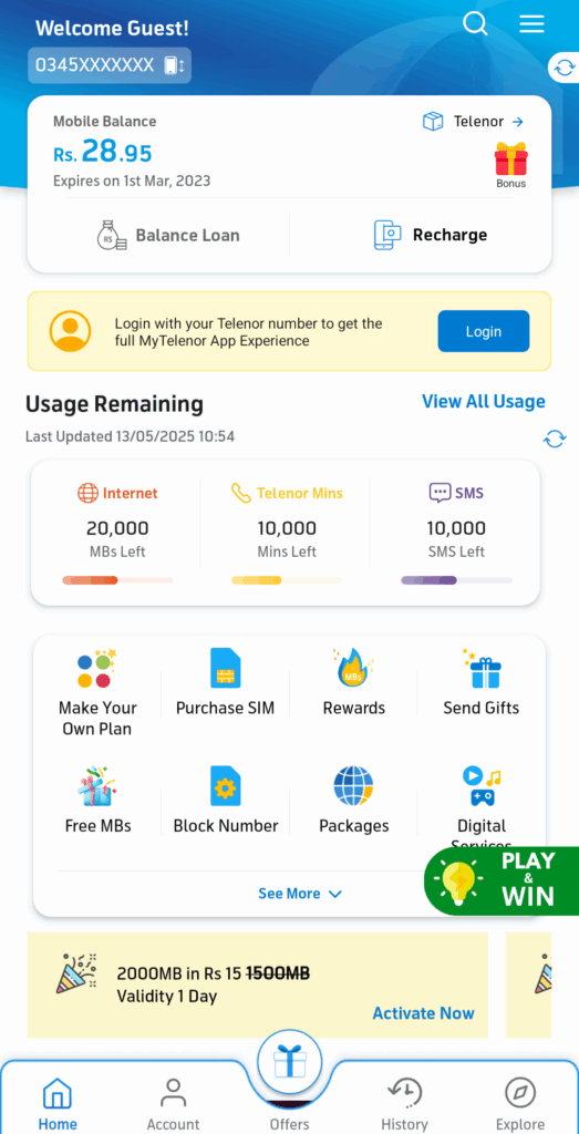 Main dashboard of my telenor app showing remaining MBS and calls