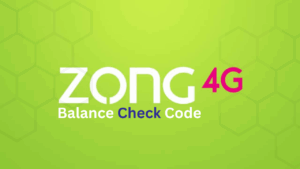 a logo with green background and Zong balance check code is written in center