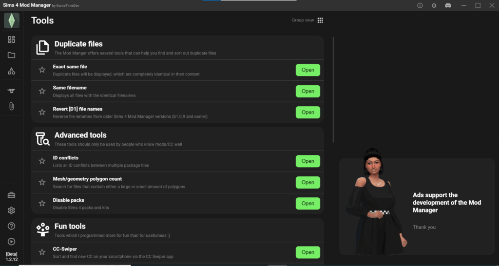The tools section of Sims 4 Mods Manager