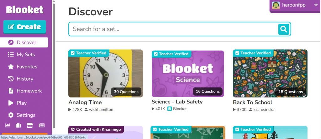 discover sets section of Blooket