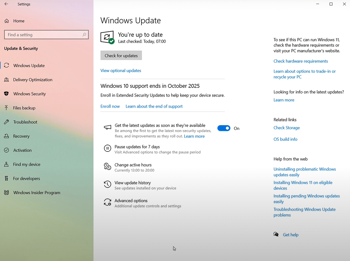 Update and Security section of Windows 10