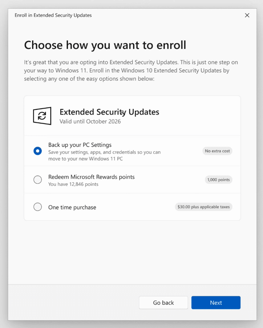 Selecting backup your pc settings to enroll in esu