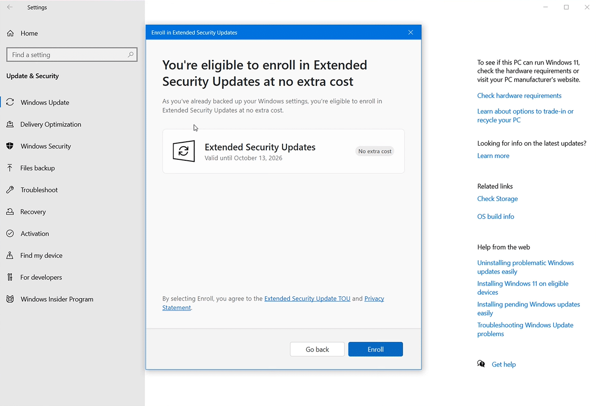 Clicking on the enroll button