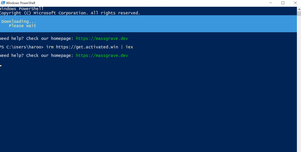 image of a powershell showing the MAS command is executing