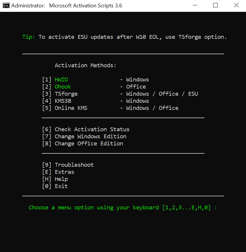 main menu of Microsoft Activation scripts
