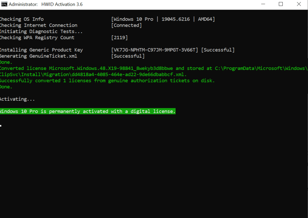 confirmation message showing your windows is permanently activated