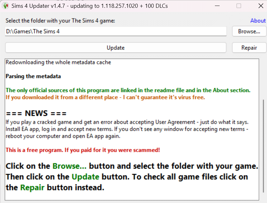 the main interface of the Anadius tool asking to browse the game folder
