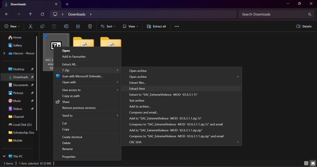 extracting the extreme violence mod zip file