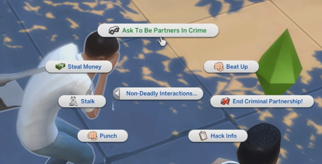 steal money, beat up and punch options are showing in the Sims 4