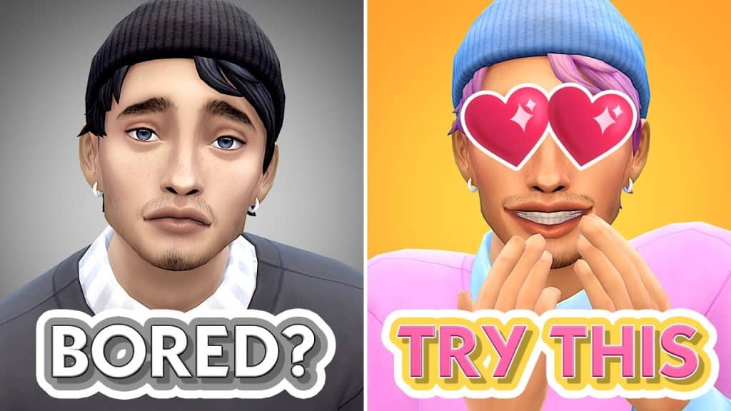 Sims 4 Challenges (Updates 2026) Two images of Sims, on the left side he feels bored while on the right side, he feels excited because of Sims 4 challemges