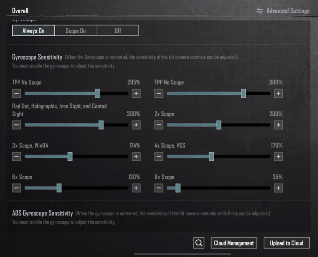 image showing gyro sensitivity of BGMI