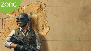Image of a pubg player while the Miramar map is in the background and Zong is written in the corner showing Zong Monthly PUBG Package