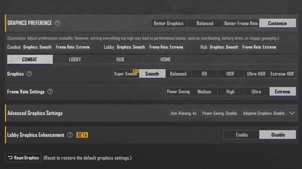 My PUBG Mobile graphics settings with 60 FPS Settings