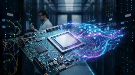 The Material Behind AI Is Getting a Digital Layer Hightech image of the modern chip showing the material behind AI