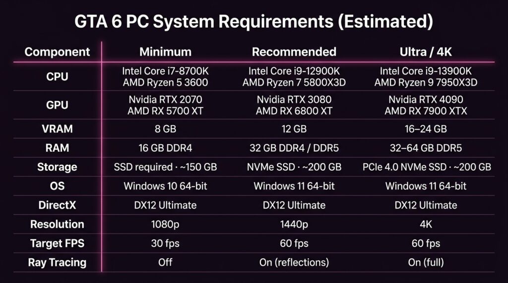 Estimated GTA 6 PC System Requirements table comparing minimum, recommended, and ultra 4K settings