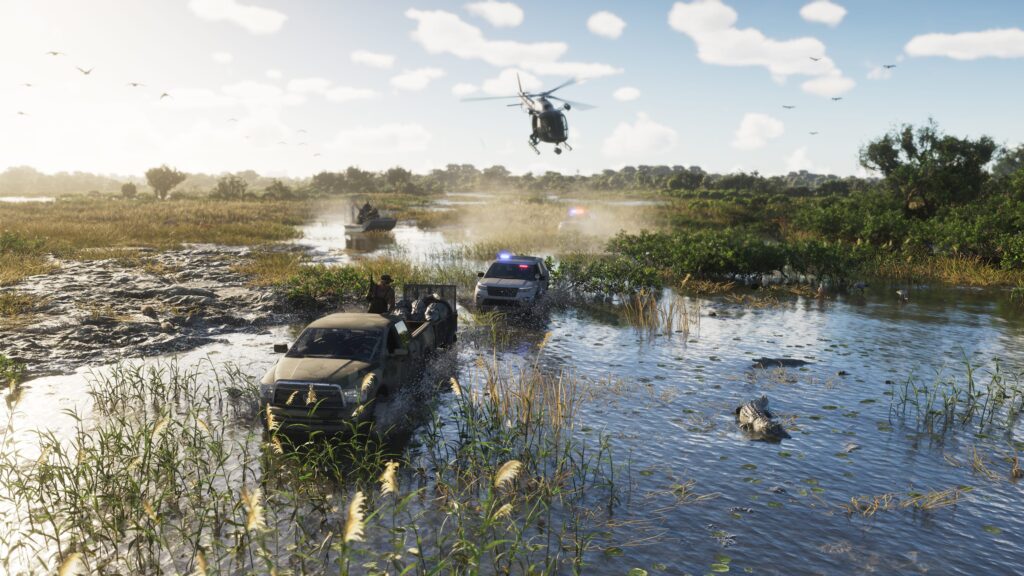 Image of GTA 6 in 4K quality, the police is chasing the thiefs with vehicles and helicopters