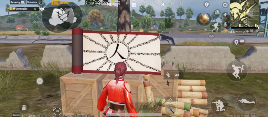 pubg character is standing in front of white banner in pochinki in Hero's crown theme mode