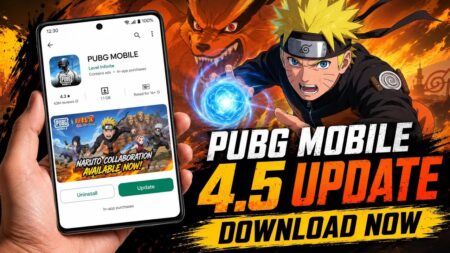 PUBG Mobile 4.5 Update download links for all versions A man downloading PUBG Mobile 4.5 update while Naruto is on teh right side