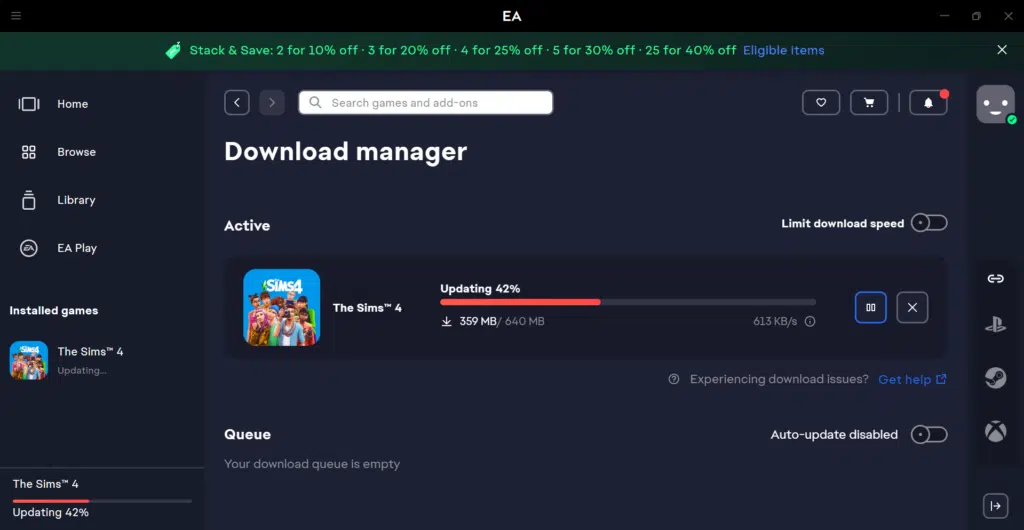 Installing The Sims 4 july 21 update through EA app, the update progress in 42% and total download size is 640 MB
