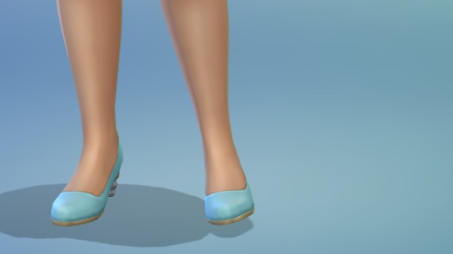 A Sim wearing a pair of powder blue high heels. The shoes are classic styled, but the heels themselves are made up of little balls. This screenshot shows the UI with the shoes available to be selected in Create a Sim.