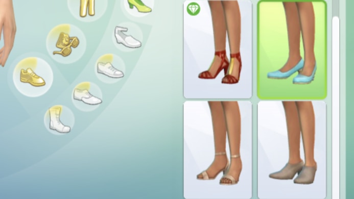 A Sim wearing a pair of powder blue high heels. The shoes are classic styled, but the heels themselves are made up of little balls. This screenshot shows the UI with the shoes available to be selected in Create a Sim.