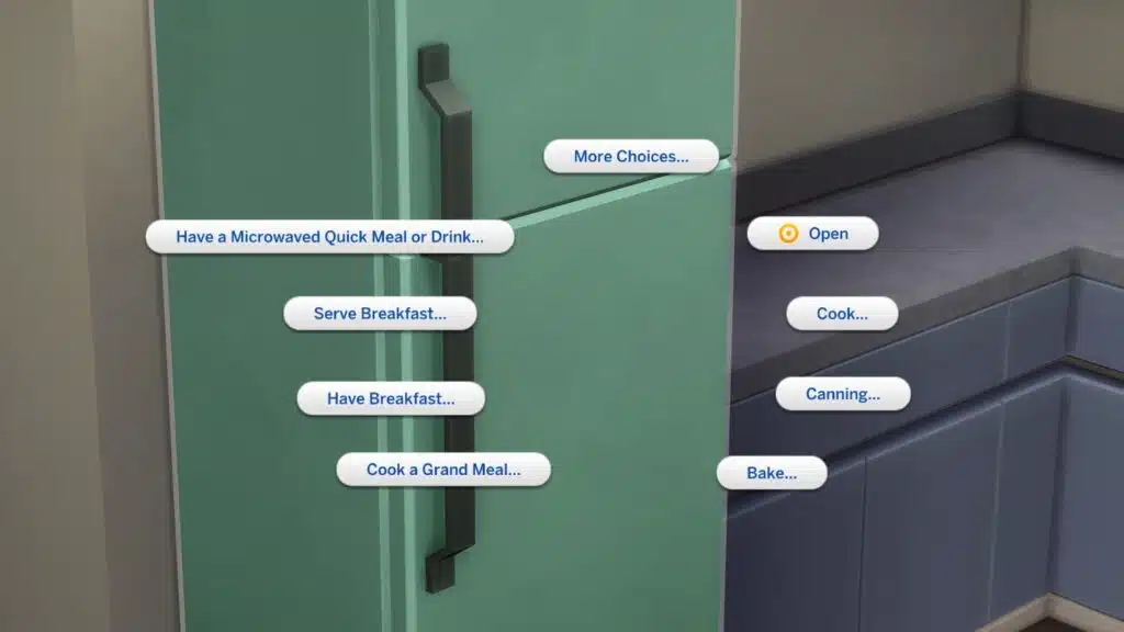 Mint green refrigerator in The Sims 4 showing the updated pie menu with the Open interaction moved to the front