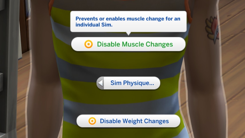 Sim Physique self-interaction pie menu in The Sims 4 allowing players to toggle muscle and weight changes per individual Sim